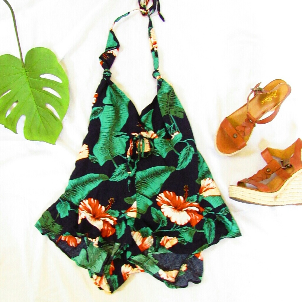 Tropical print floral romper halter tie back